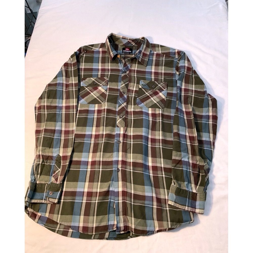 Quiksilver Mens Large Plaid Button Down Shirt Green Blue Long Sleeve Flannel